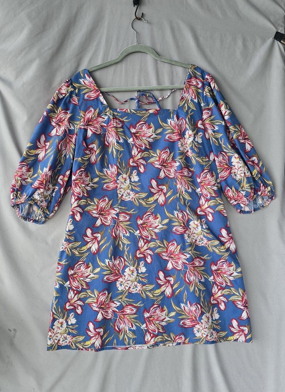 A New Day Dress Womens 2XL Blue Floral Square Neck Puff Sleeve Shift Linen